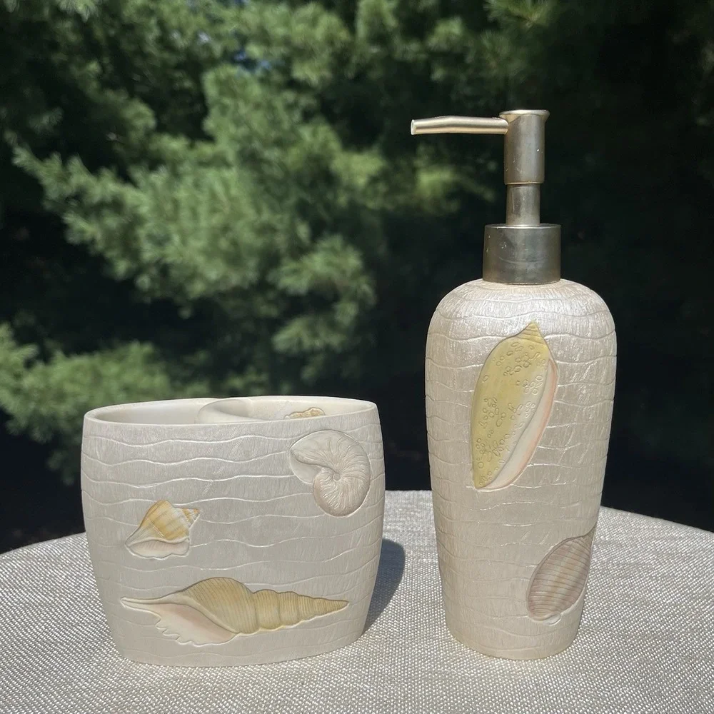 Vintage Croscill Beach Haven 4 Pc Bath Set Seashell Soap Dispenser Dish Coastal
